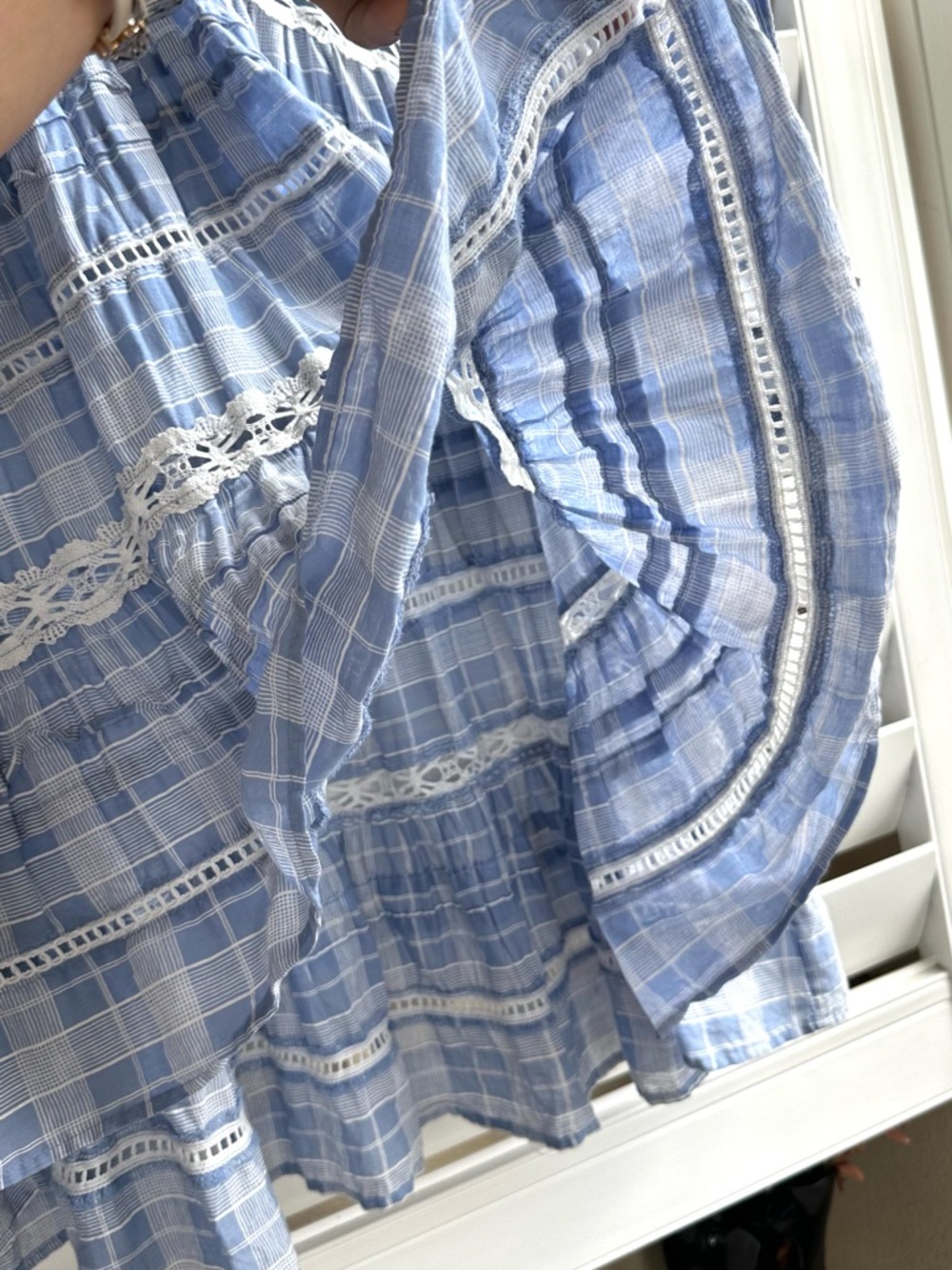 FREE PEOPLE Light Blue Plaid Lace Trim Babydoll Tunic Dress Size-L - Picture 8 of 13